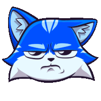 a cartoon drawing of a blue cat with an angry face