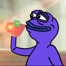 a purple cartoon character is drinking from a glass with a pepsi logo on it