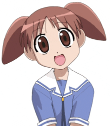 a cartoon girl with brown hair is wearing a blue shirt