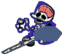 a cartoon skeleton is holding a chainsaw and a blue shield .