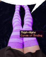 a pair of purple and white striped thigh highs with a curse of binding sticker