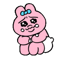 a pink bunny with a blue bow on its head is crying