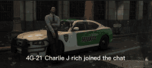 a man standing next to a green and white security vehicle