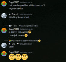 a screenshot of a conversation with doppy2180 and erin