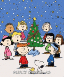 a group of peanuts characters are singing merry christmas