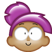 a cartoon character with purple hair and a smile on his face