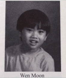 a black and white photo of a young boy with the name wen moon written on the bottom .