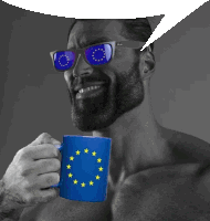 a shirtless man wearing ray-ban sunglasses is holding a blue mug with the european flag on it