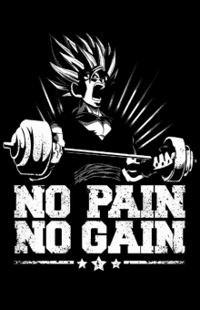 a black and white drawing of a man lifting a barbell with the words no pain no gain written below him