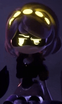 a close up of a cartoon character wearing a mask with glowing eyes .