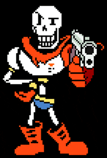 a pixel art of papyrus holding a gun with the letter i on it