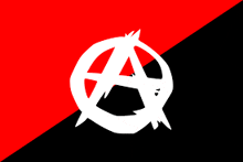 a black and red flag with a white anarchy symbol on it