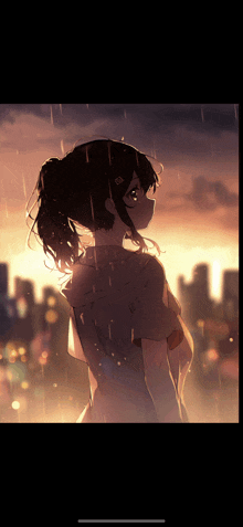 a girl in a ponytail is standing in the rain with a city in the background