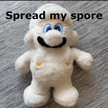 a stuffed animal with the words spread my spore written on it