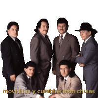 a group of men posing for a photo with the words moviditas y cumbias bien chulas written on the bottom