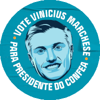 a blue sticker with a man 's face and the words vote vinicius marchese para presidente do confea