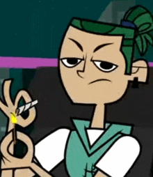 a cartoon character with green hair is smoking a cigarette .