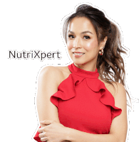 a woman in a red dress with the word nutrixpert on the bottom