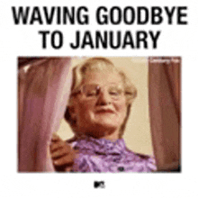 a woman in a purple dress is waving goodbye to january in a meme .