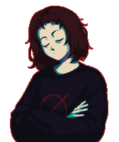 a pixel art drawing of a girl wearing a black shirt with a red circle on it