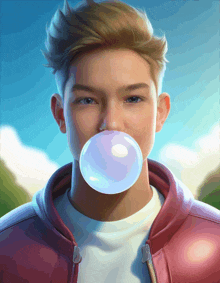 a young boy blowing a bubble of gum