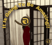 a woman in a red dress is standing in a doorway with the words " it is going to be amazing " surrounding her