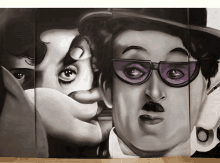 a painting of a man wearing purple glasses