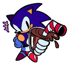 a cartoon drawing of sonic the hedgehog holding a cup of hot chocolate