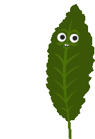 a green leaf with big eyes and teeth on it