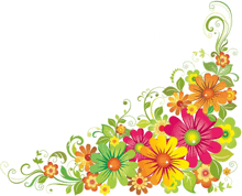 a bunch of colorful flowers with green leaves and swirls on a white background