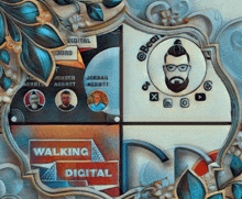 a painting of a man with a beard and the words " walking digital "