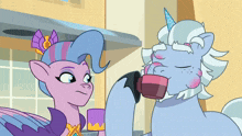 a cartoon of a unicorn drinking from a cup next to another unicorn