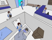 a cartoon of a hospital waiting room with a man sleeping in a bed and a man running .