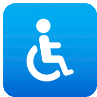 a blue square with a white icon of a person in a wheelchair on it