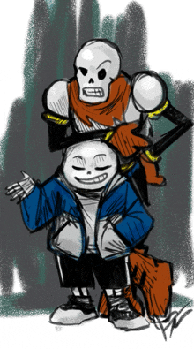 a drawing of two skeletons standing next to each other with one having a scarf around his neck