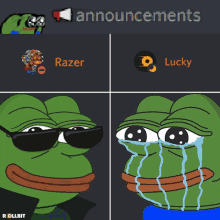 a frog wearing sunglasses is crying next to a frog wearing sunglasses with the words razer and lucky on the bottom