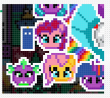 a pixel art drawing of ponies including pinkie pie spike and rainbow dash