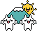 a pixel art illustration of a mountain with two ghosts and a sun .