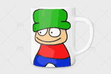 a mug with a cartoon character on it with a green hat