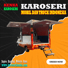 an advertisement for karoseri mobil dan truck indonesia shows a red and white truck