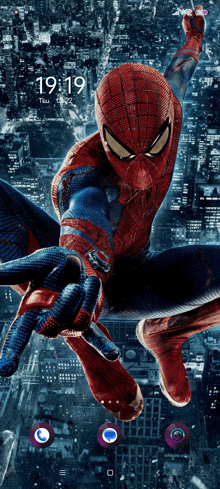 a phone screen shows a picture of spider-man and the time of 19:19