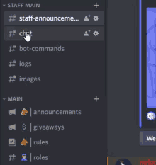 a screenshot of a discord server with a person 's hand pointing at a chat button .