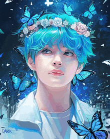 a painting of a boy with blue hair and flowers in his hair by dark