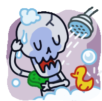 a cartoon drawing of a skeleton taking a shower with a yellow rubber duck