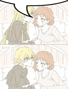 a drawing of two girls kissing with a speech bubble above them