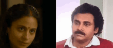 a woman with a red bindi on her forehead and a man with a mustache .