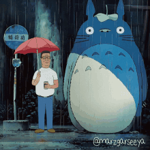 a cartoon of a man holding an umbrella and a totoro