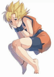 a drawing of a girl in a dragon ball z outfit kneeling down with her hand on her face .