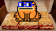 a box of lasagna with a pixelated character on top