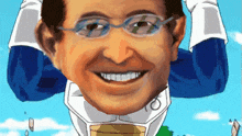 a cartoon drawing of a man wearing glasses and a blue suit